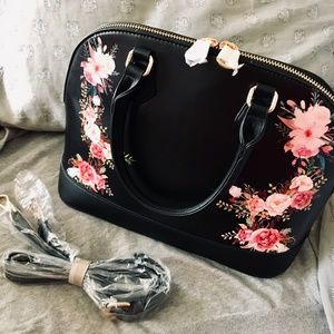 NWT Black/Floral Dome Satchel Bag Vegan